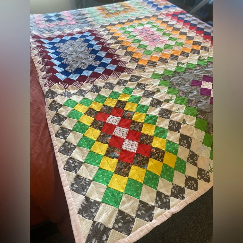 Handmade Multicolor Patchwork Quilt - Vibrant Checkerboard Bedding 99”/74”